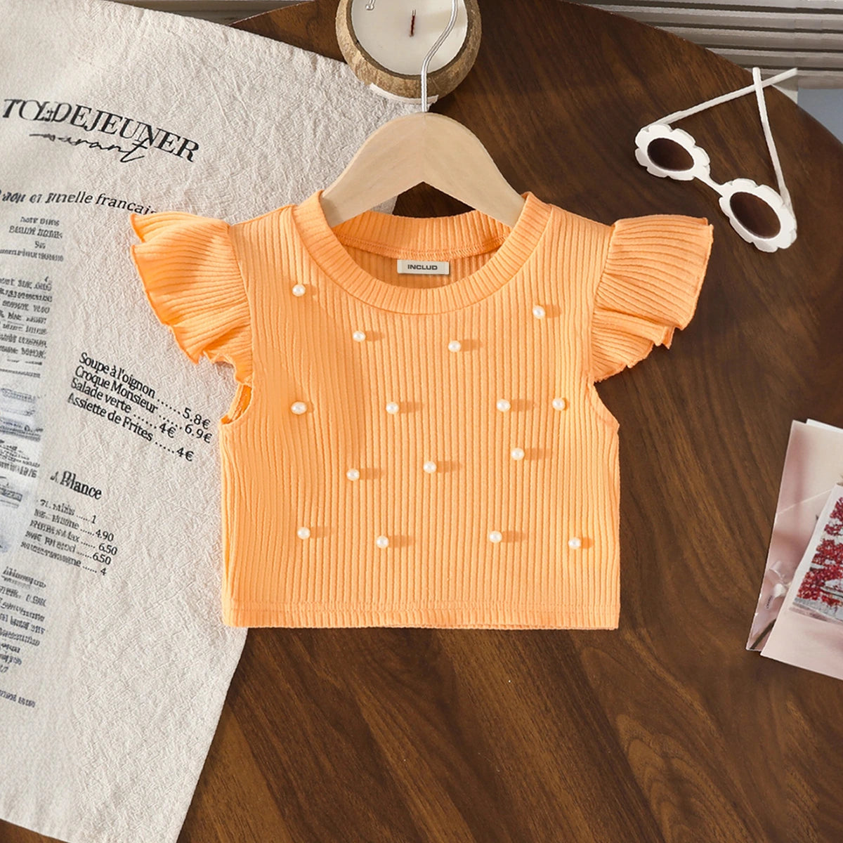 Girls Orange Pearl Embellished Top With Denim Shorts Set Sets