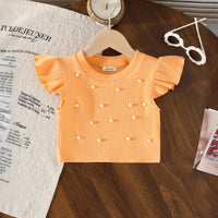 Girls Orange Pearl Embellished Top With Denim Shorts Set Sets