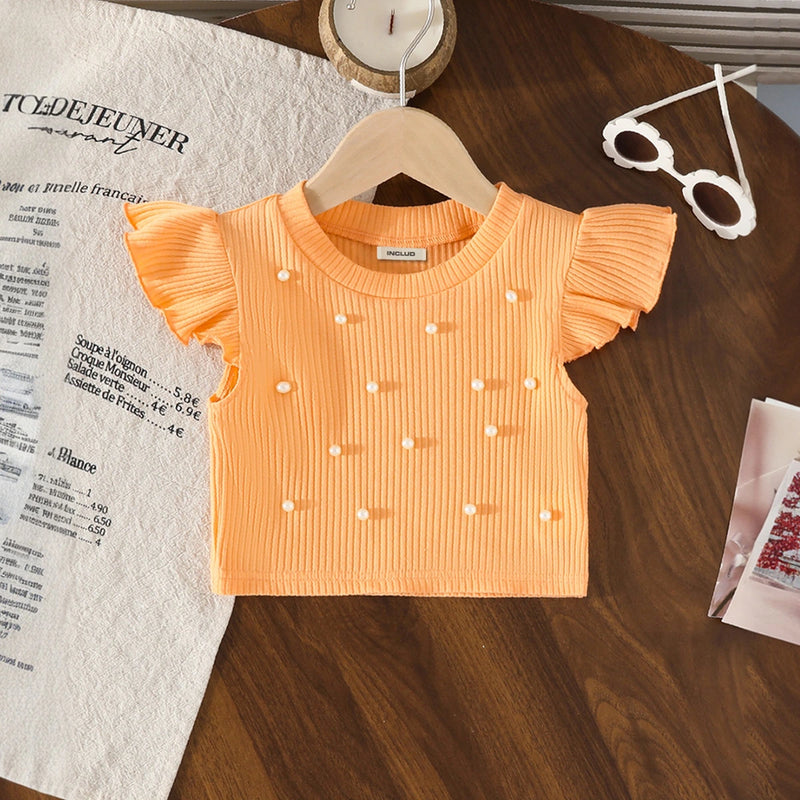 Girls Orange Pearl Embellished Top With Denim Shorts Set Sets
