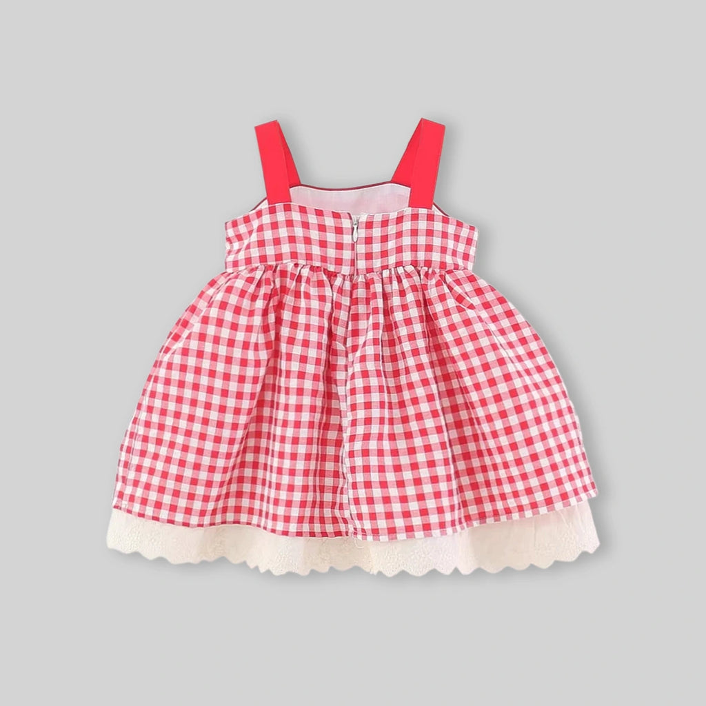 Girls Red Checked Mushroom Embroidered Fit & Flare Dress Casual Dresses