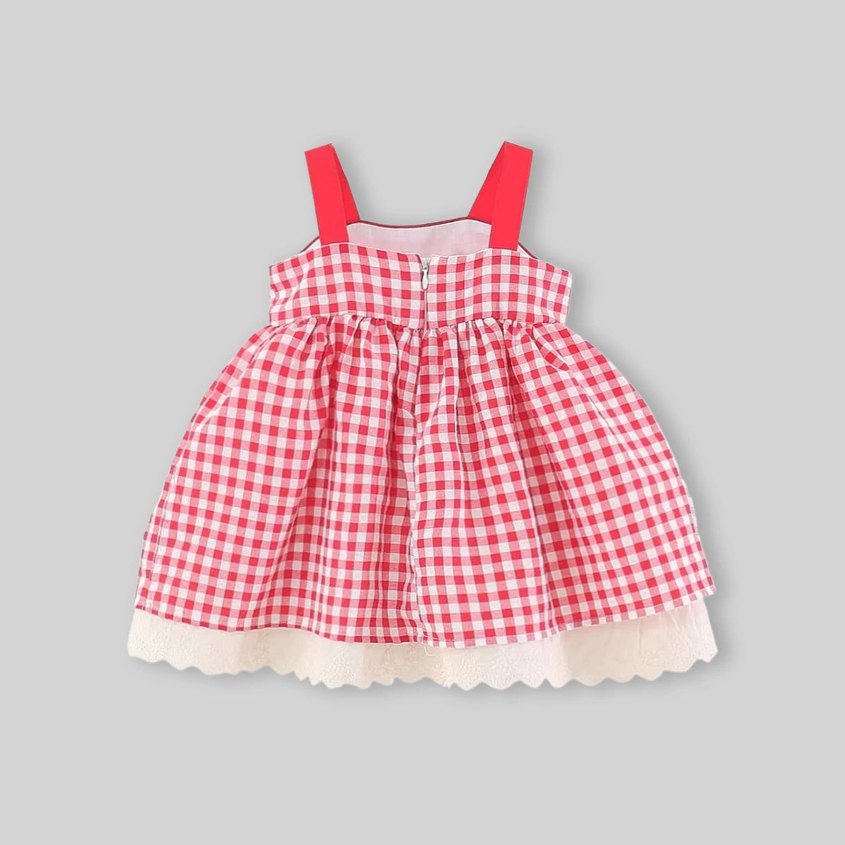 Girls Red Checked Mushroom Embroidered Fit & Flare Dress Casual Dresses