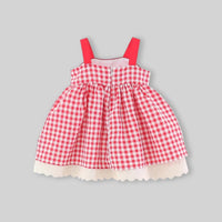 Girls Red Checked Mushroom Embroidered Fit & Flare Dress Casual Dresses