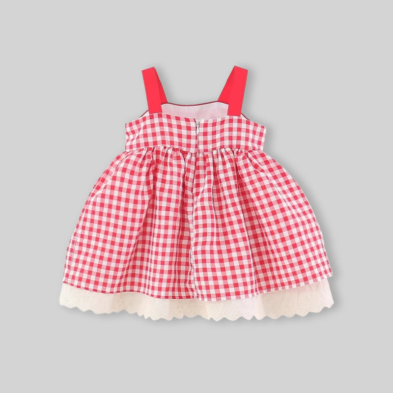Girls Red Checked Mushroom Embroidered Fit & Flare Dress Casual Dresses