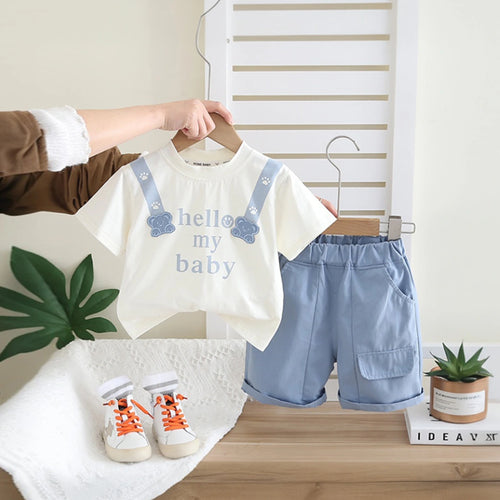 Boys Light Blue Typographic Printed Short Sleeve T-Shirt With Shorts Sets 2 pc. Sets Light Blue 1-2 Y