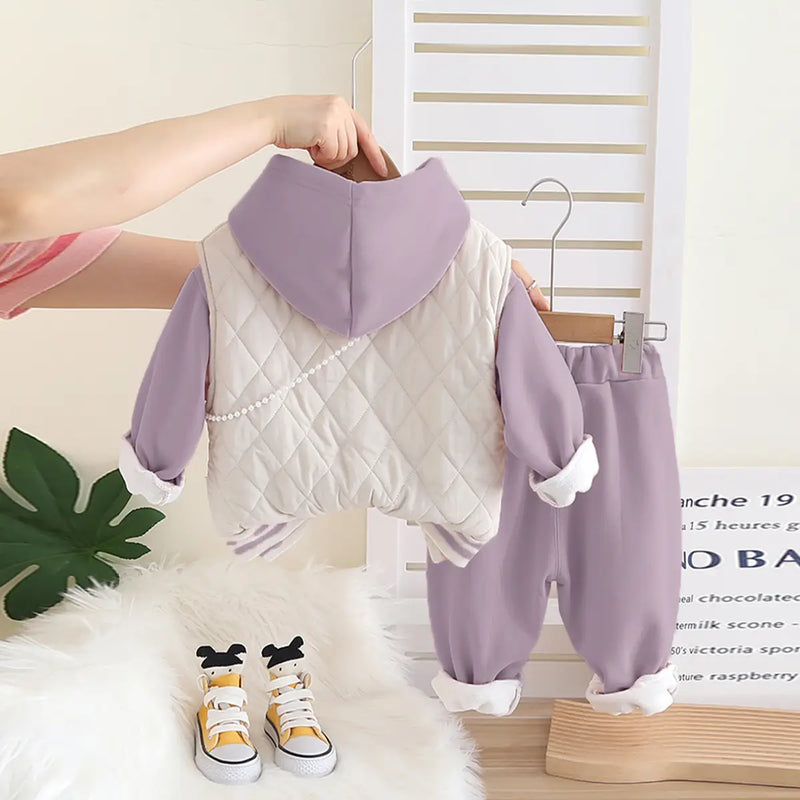 Girls Purple Embroidered Regular Sweatshirt With Sleeveless Jacket, Pants & Bag Sets 4 pc. Sets