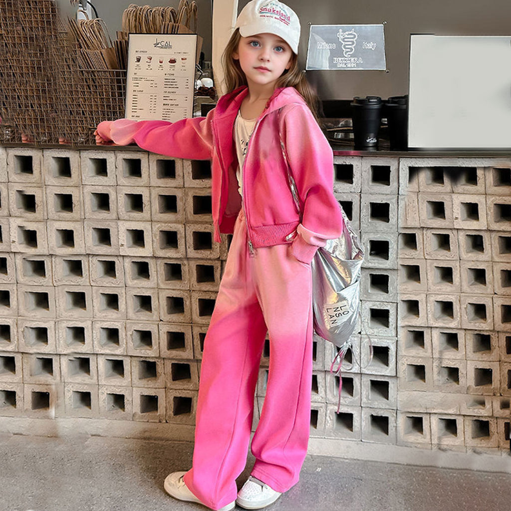 Girls Pink Ombre Printed Front zipper Hooded Jacket With Pants Winter Co-Ord Set 2 pc. Sets