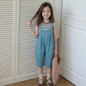 Girls Blue Striped Tank Top With Dungaree Sets Sets Blue 5-6 Y