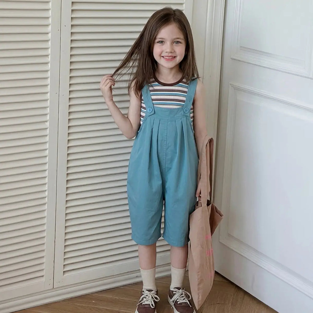 Girls Blue Striped Tank Top With Dungaree Sets Sets Blue 5-6 Y