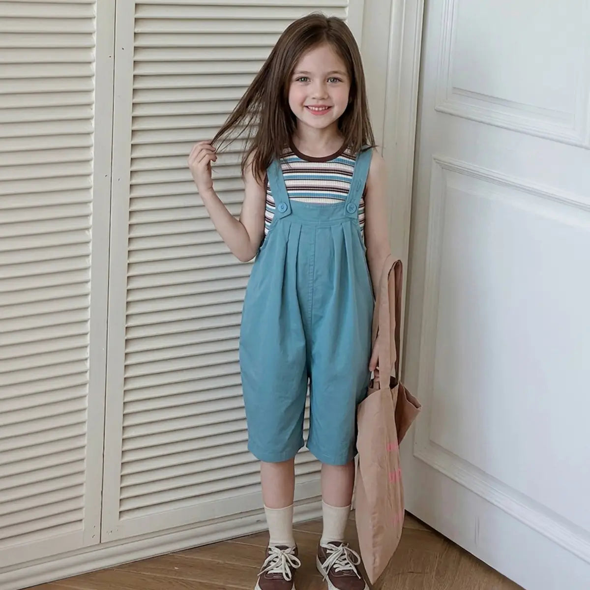 Girls Blue Striped Tank Top With Dungaree Sets Sets Blue 5-6 Y