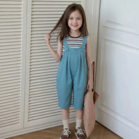 Girls Blue Striped Tank Top With Dungaree Sets Sets Blue 5-6 Y
