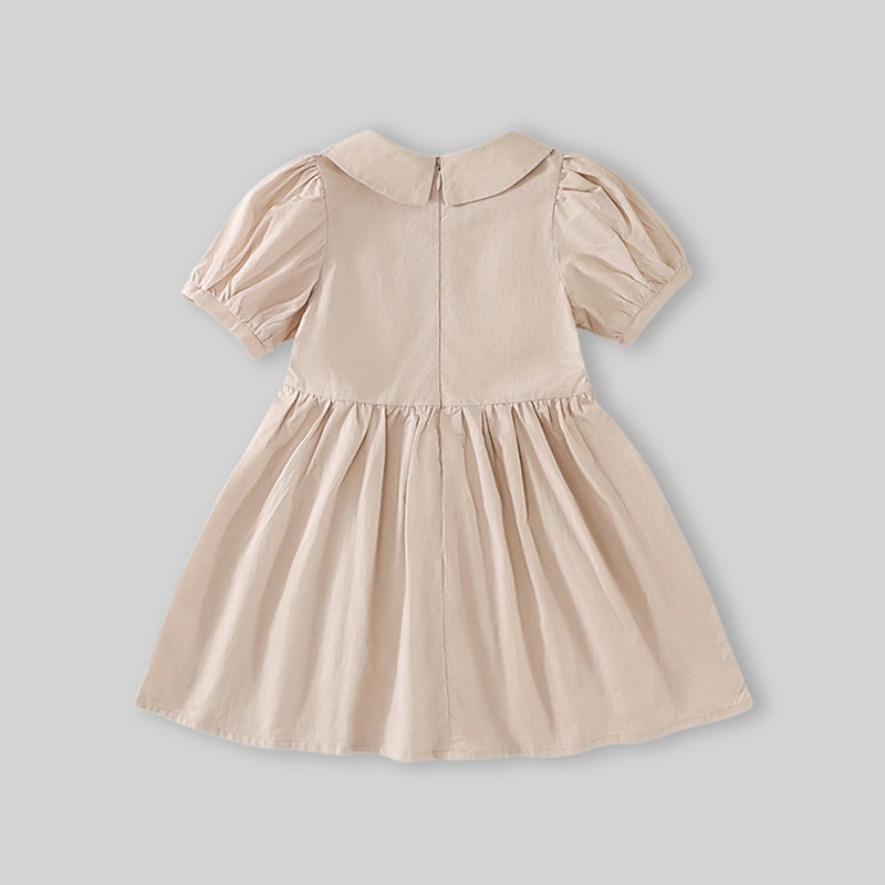 Girls Khaki Embroidered Short Sleeve Fit And Flare Dress Casual Dresses