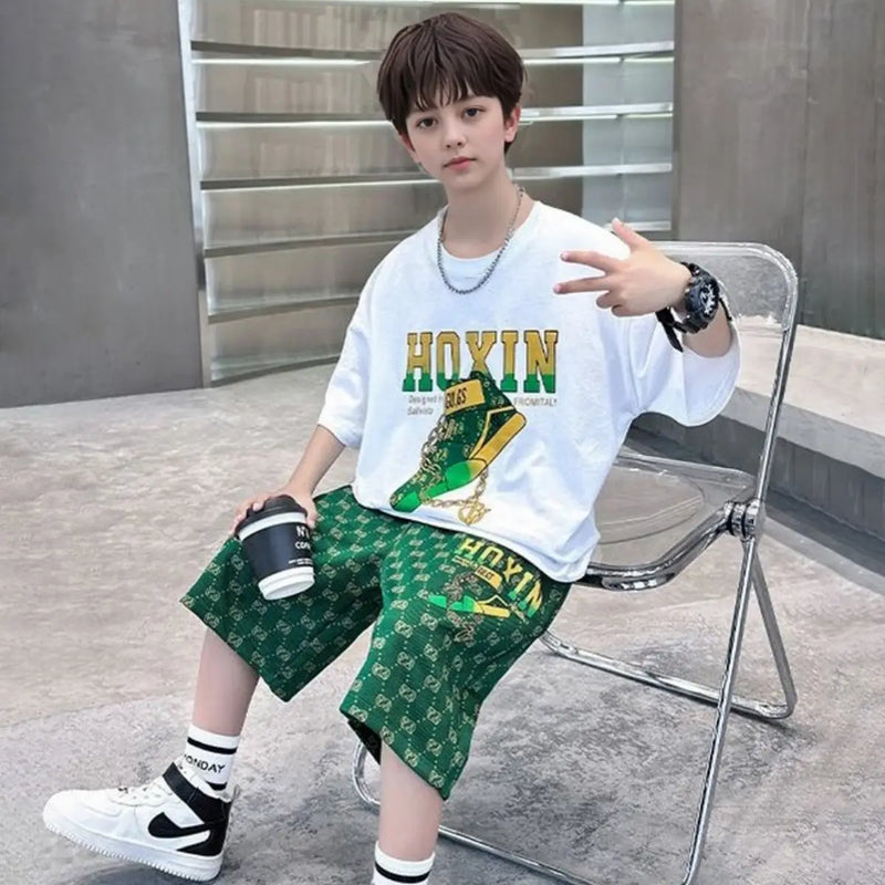 Boys Black Graphics Oversized T-Shirt With Shorts Set c02cfe28-1f12-42f5-955d-15853ad8d564 Sets