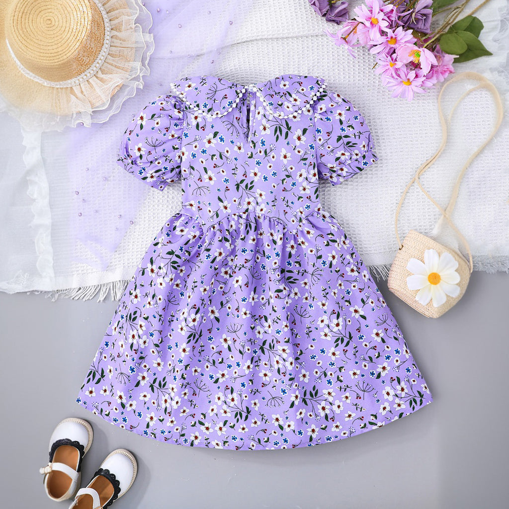 Girls Purple Floral Printed Puff Sleeves Dress Casual Dresses