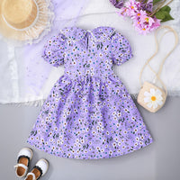 Girls Purple Floral Printed Puff Sleeves Dress Casual Dresses