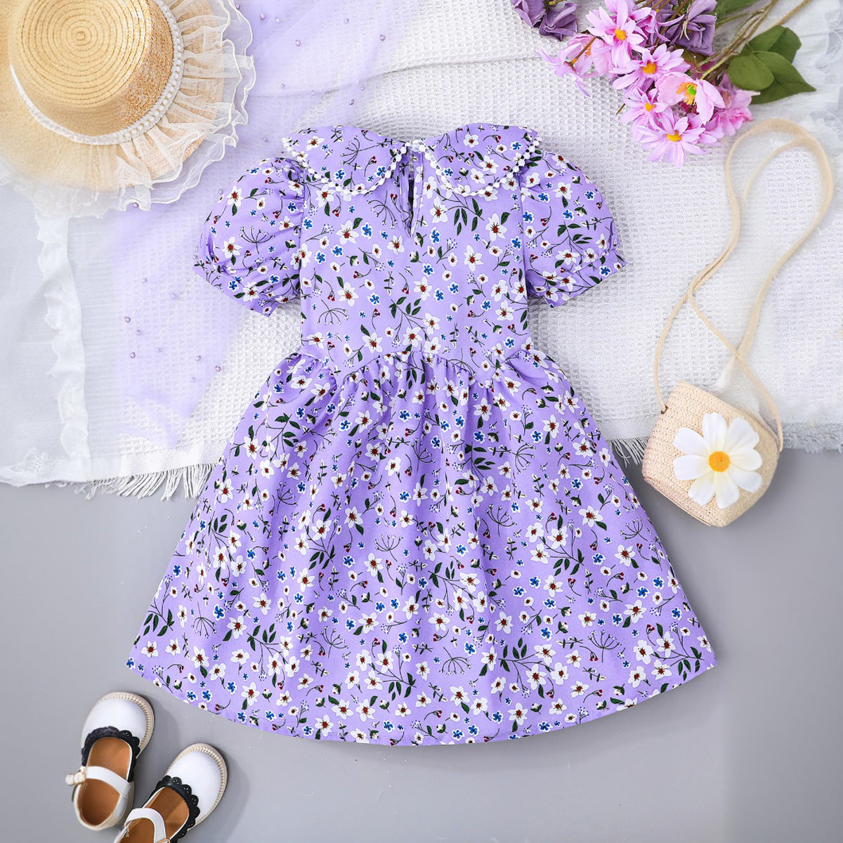 Girls Purple Floral Printed Puff Sleeves Dress Casual Dresses