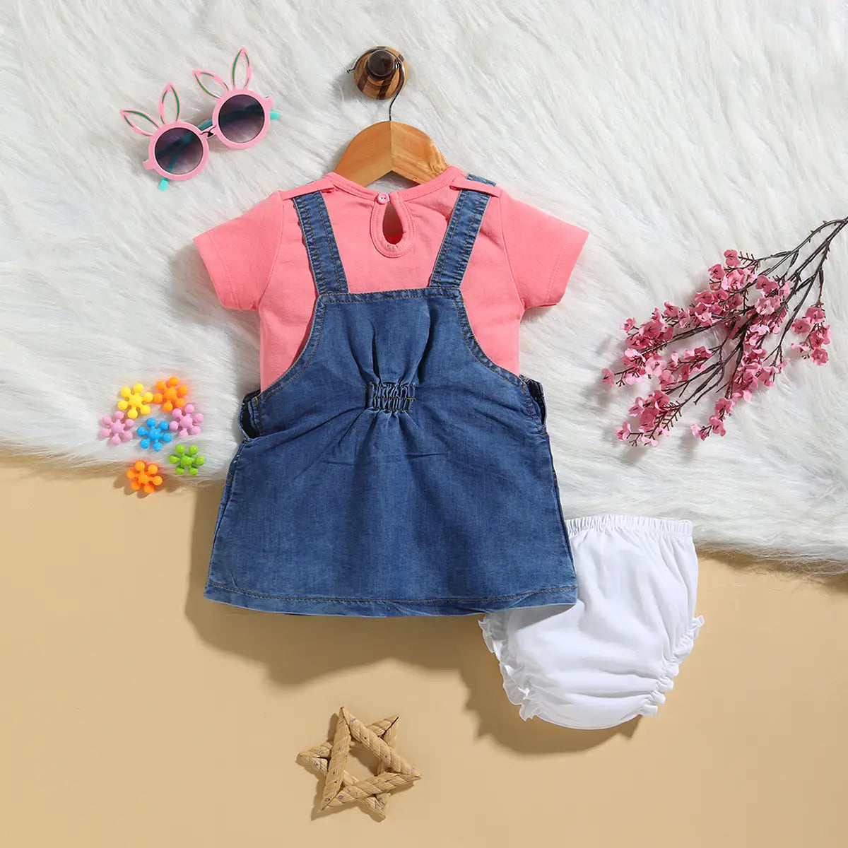 Girls Pink Embroidered Denim Dungaree With T-Shirt & Diaper Cover Sets 3 pc. Sets