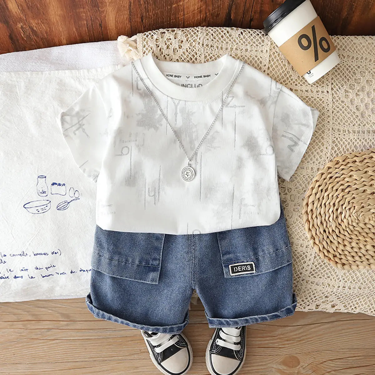 Boys White Abstract Printed Short Sleeves T-Shirt With Denim Shorts Sets 2 pc. Sets White 1-2 Y