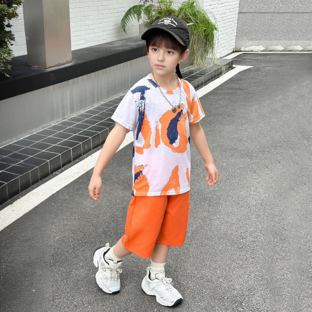 Boys Orange Abstract Printed Summer T-Shirt With Shorts Sets 2 pc. Sets