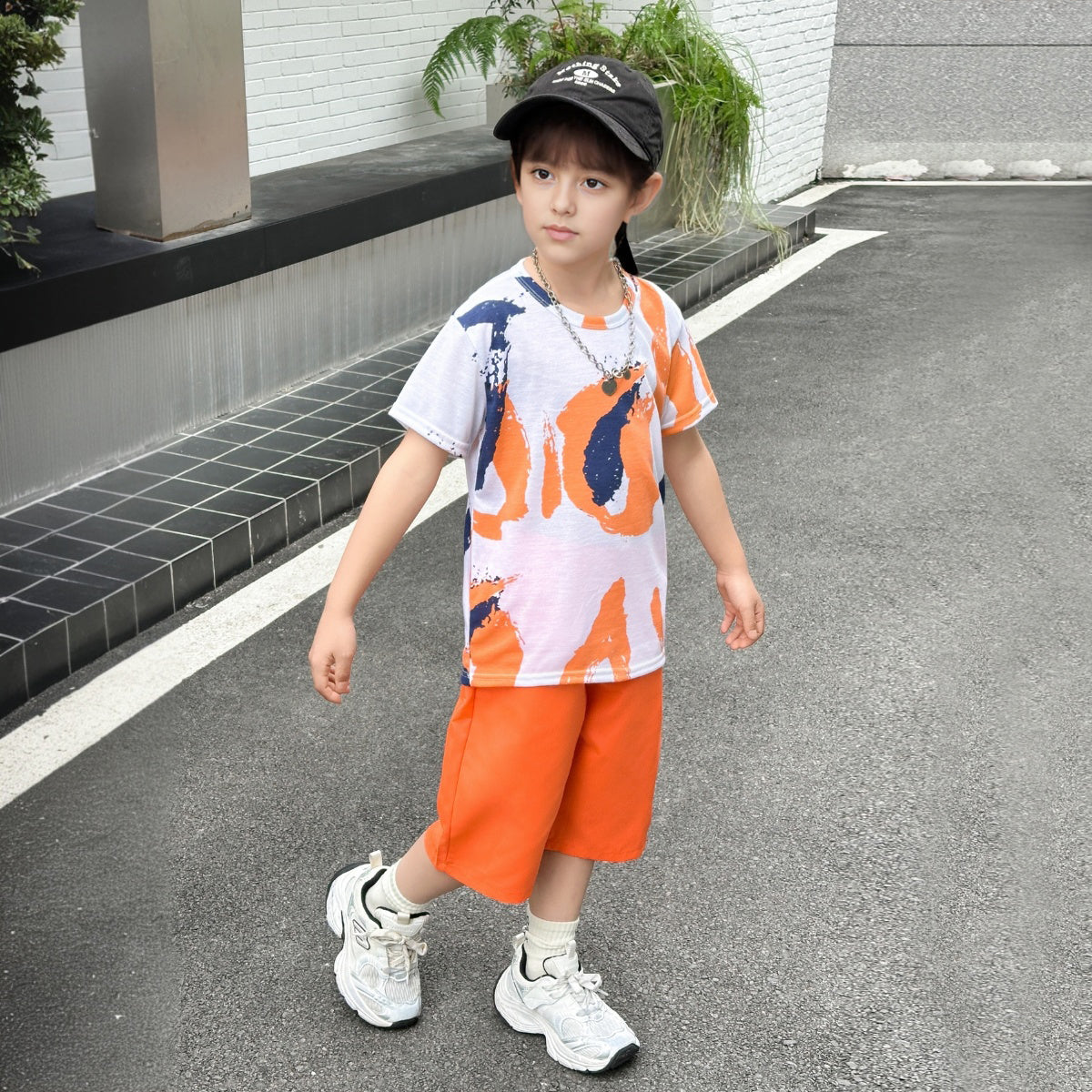 Boys Orange Abstract Printed Summer T-Shirt With Shorts Sets 2 pc. Sets