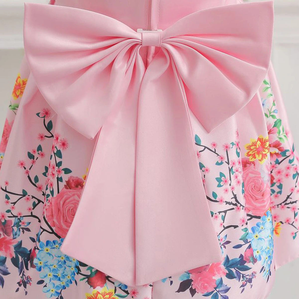 Girls Pink Floral Print Flutter Sleeve Fit & Flare Party Wear Dress Party Dresses