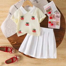 Girls Cream Cherry Embroidered Polo Top With Skirt Sets 2 pc. Sets Cream 2-3 Y