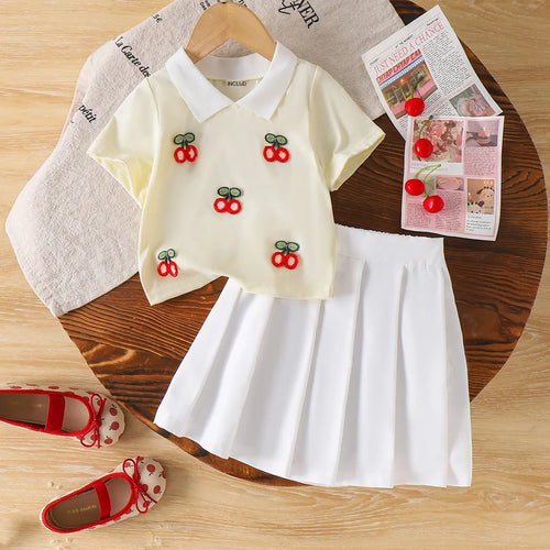 Girls Cream Cherry Embroidered Polo Top With Skirt Sets 2 pc. Sets Cream 2-3 Y