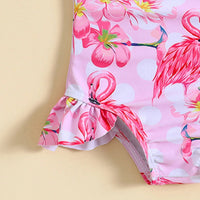 Girls Pink Flamingo Printed Sleeveless Swimwear Bodysuit Beachwear