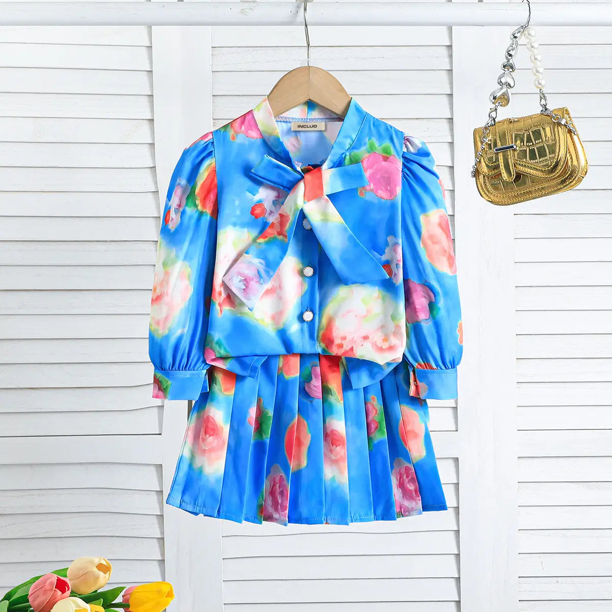 Girls Blue Floral Printed Top With Pleated Skirt Co-ord Sets Sets