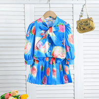 Girls Blue Floral Printed Top With Pleated Skirt Co-ord Sets Sets