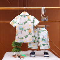 Boys White Tropical Print Shirt With Graphic T-Shirt And Elasticated Shorts Sets 3 pc. Sets