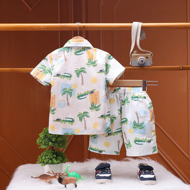 Boys White Tropical Print Shirt With Graphic T-Shirt And Elasticated Shorts Sets 3 pc. Sets