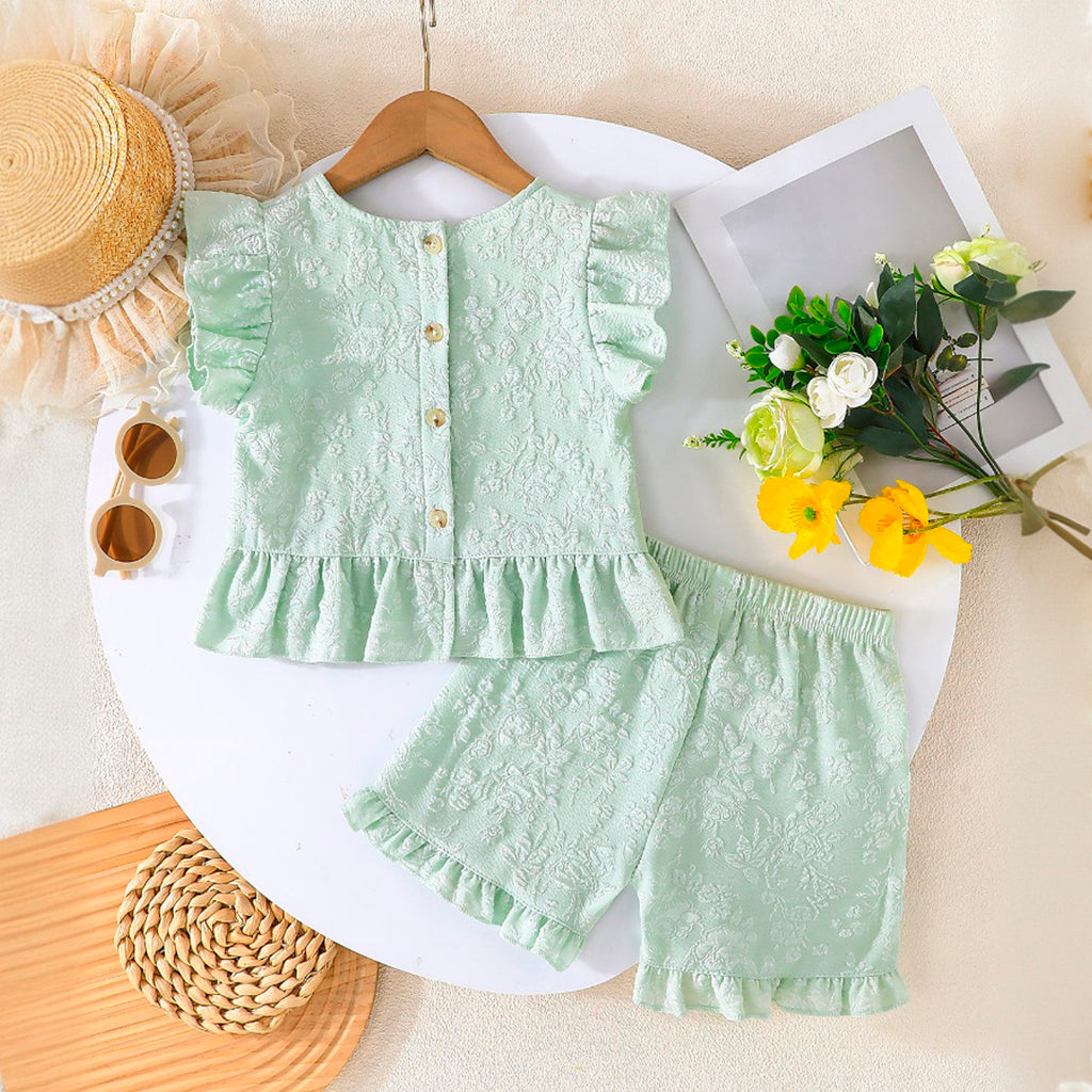 Girls Sea Green Floral Flutter Sleeves Square Neck Top With Shorts Set 2 pc. Sets