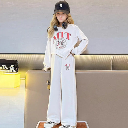 Girls Off White Typographic Printed Sweatshirt With Asymmetrical Hemline & Pant Sets Sets Off White 5-6 Y