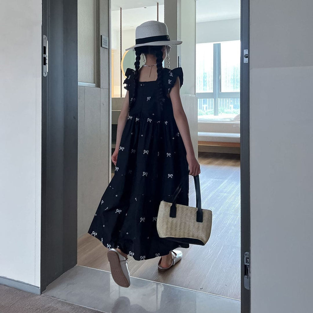 Girls Bow Print Flared Sleeves Fit & Flare Dress Casual Dresses   