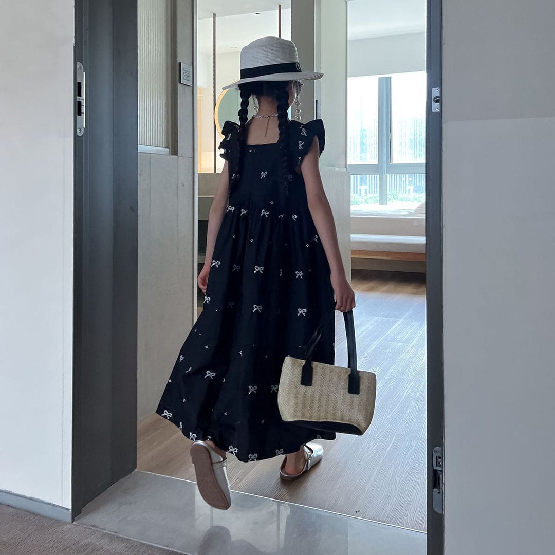 Girls Bow Print Flared Sleeves Fit & Flare Dress Casual Dresses   
