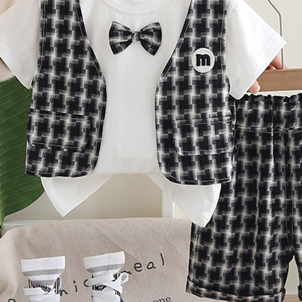 Boys Attached Waistcoat T-Shirt With Black Abstract Printed Shorts Set 2 pc. Sets