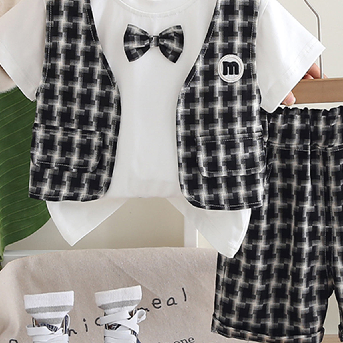 Boys Attached Waistcoat T-Shirt With Black Abstract Printed Shorts Set 2 pc. Sets