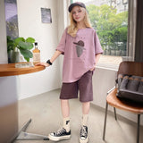 Girls Purple Graphics Printed Summer Oversized T-Shirt With Shorts Set