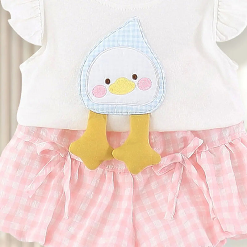 Girls Duck Applique Round Neck Top With Pink Elasticated Shorts Sets 2 pc. Sets