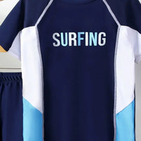Boys Navy Blue Typographic Printed Short Sleeves T-Shirt & Shorts Swimsuit Sets Sets