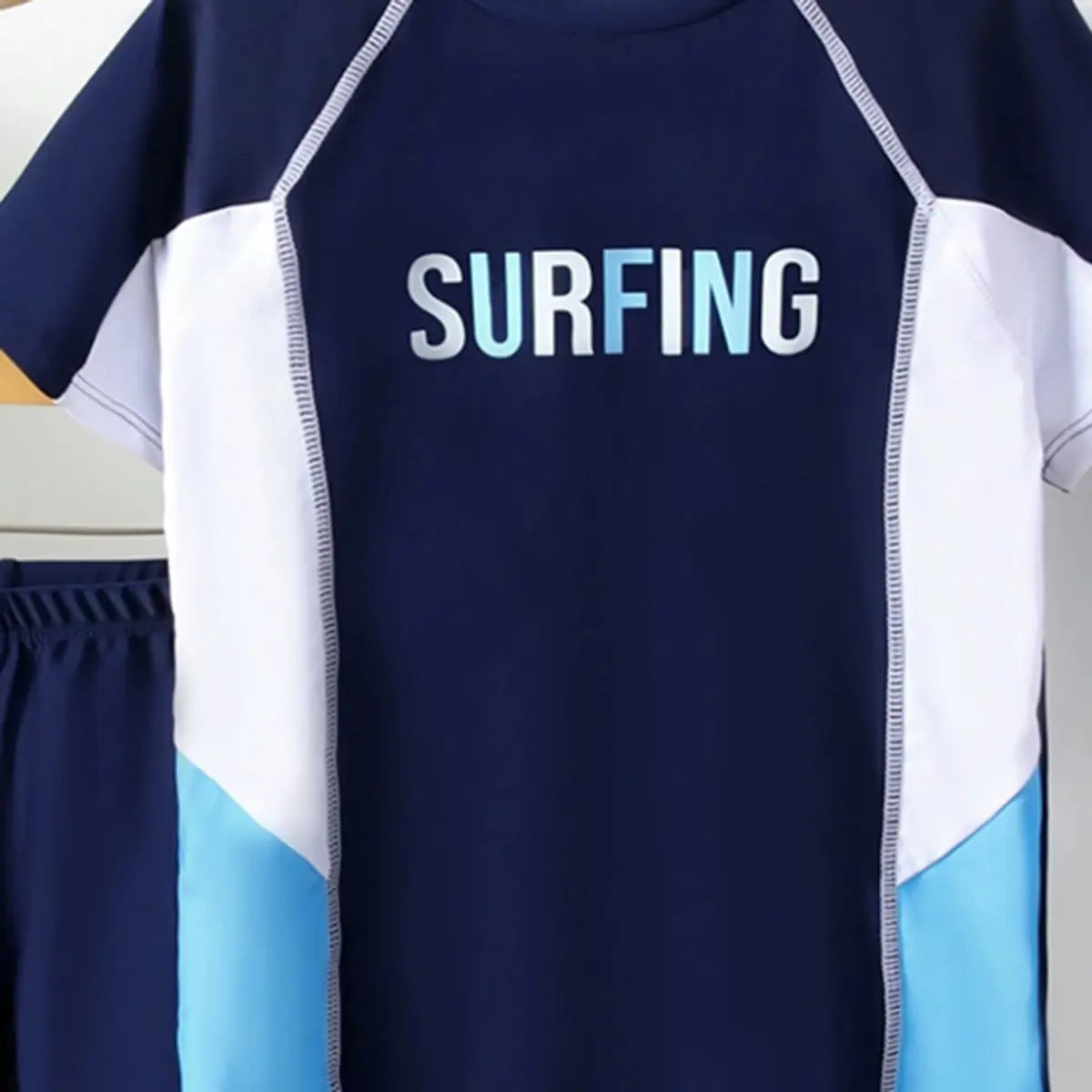 Boys Navy Blue Typographic Printed Short Sleeves T-Shirt & Shorts Swimsuit Sets Sets