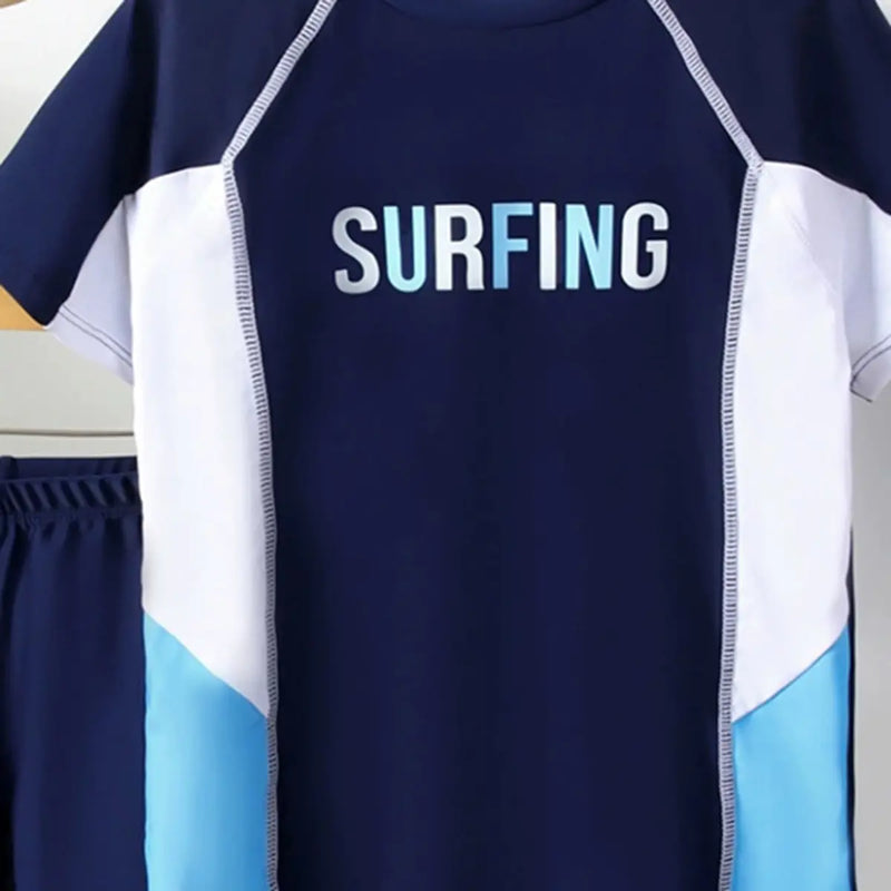 Boys Navy Blue Typographic Printed Short Sleeves T-Shirt & Shorts Swimsuit Sets Sets