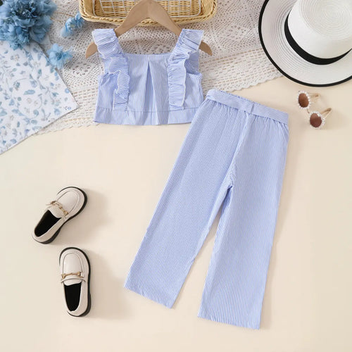Girls Light Blue Stripes Sleeveless Crop Top With Pants Co-ord Sets Sets