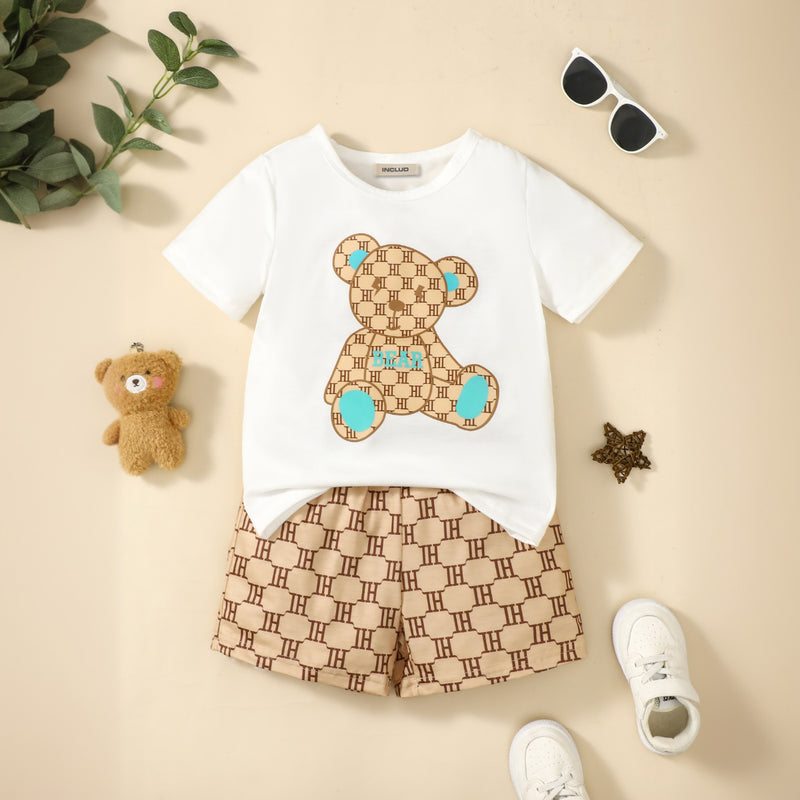 Boys White Short Sleeves Round Neck T-shirt With Printed Shorts Set 2 pc. Sets