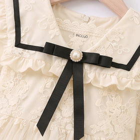 Girls Cream Floral Lace Long Sleeve A-Line Dress Casual Dresses