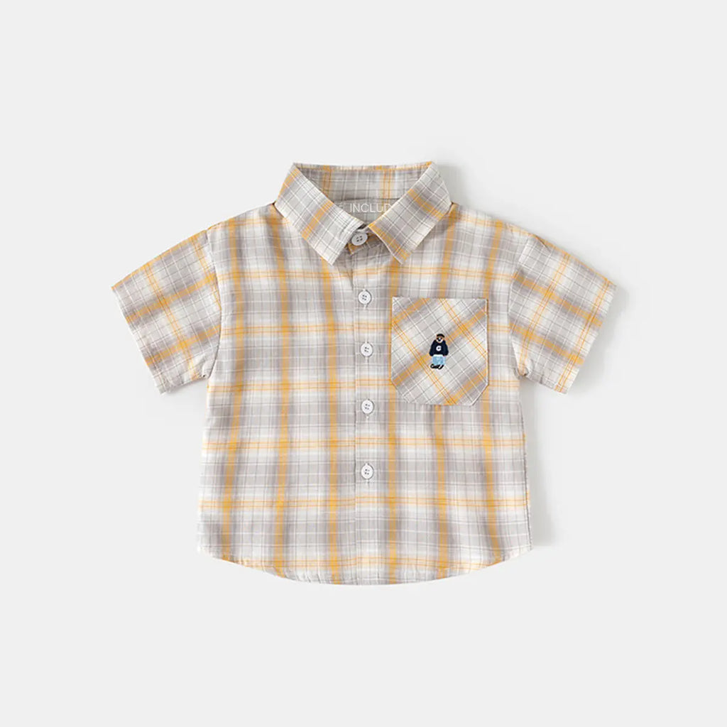 Boys Khaki Checked Short Sleeves Shirt With Shorts Sets Sets