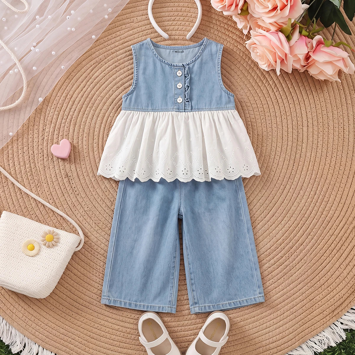 Girls Blue Schiffli Peplum Top With Denim Pants Sets 2 pc. Sets Blue 1-2 Y