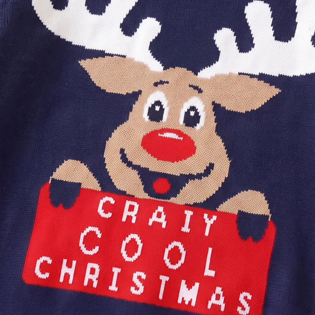 Boys Navy Blue Sweater With Self-Design Reindeer Pattern Sweaters & Cardigans