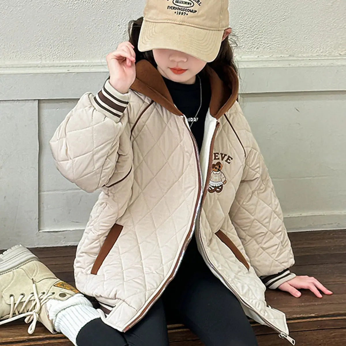 Girls Apricot Quilted Hooded Zipper jacket Coats & Jackets