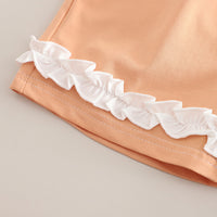 Girls Peach Printed Raglan Sleeves T-Shirt With Ruffled Shorts Set 2 pc. Sets